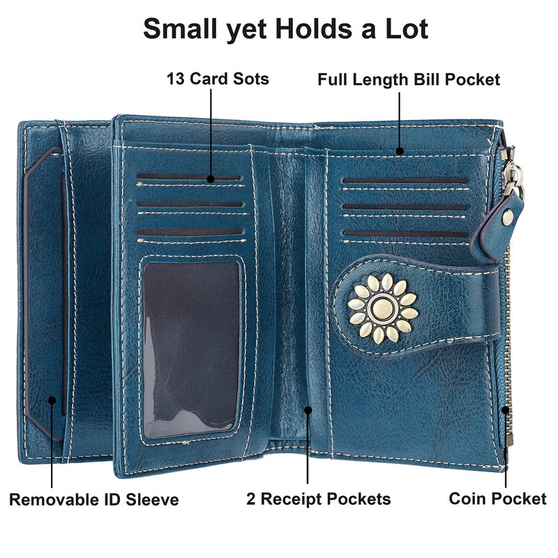 Lavemi Womens Leather Wallet Small Compact RFID Blocking Credit Card Case Purse with Zipper Pocket(Peacock Green) - Image 4